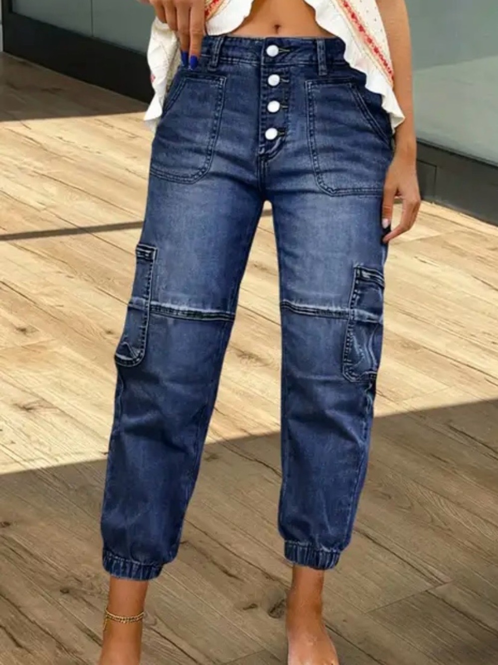 Flamingals High-Waist Dark Blue Cargo Jeans for Women L NWT